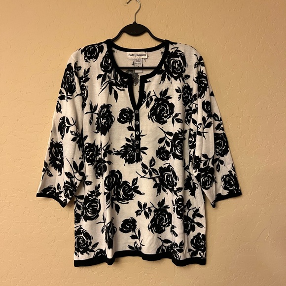 Cathy Daniels Winter White with Black Roses Knit Sweater - Picture 7 of 16